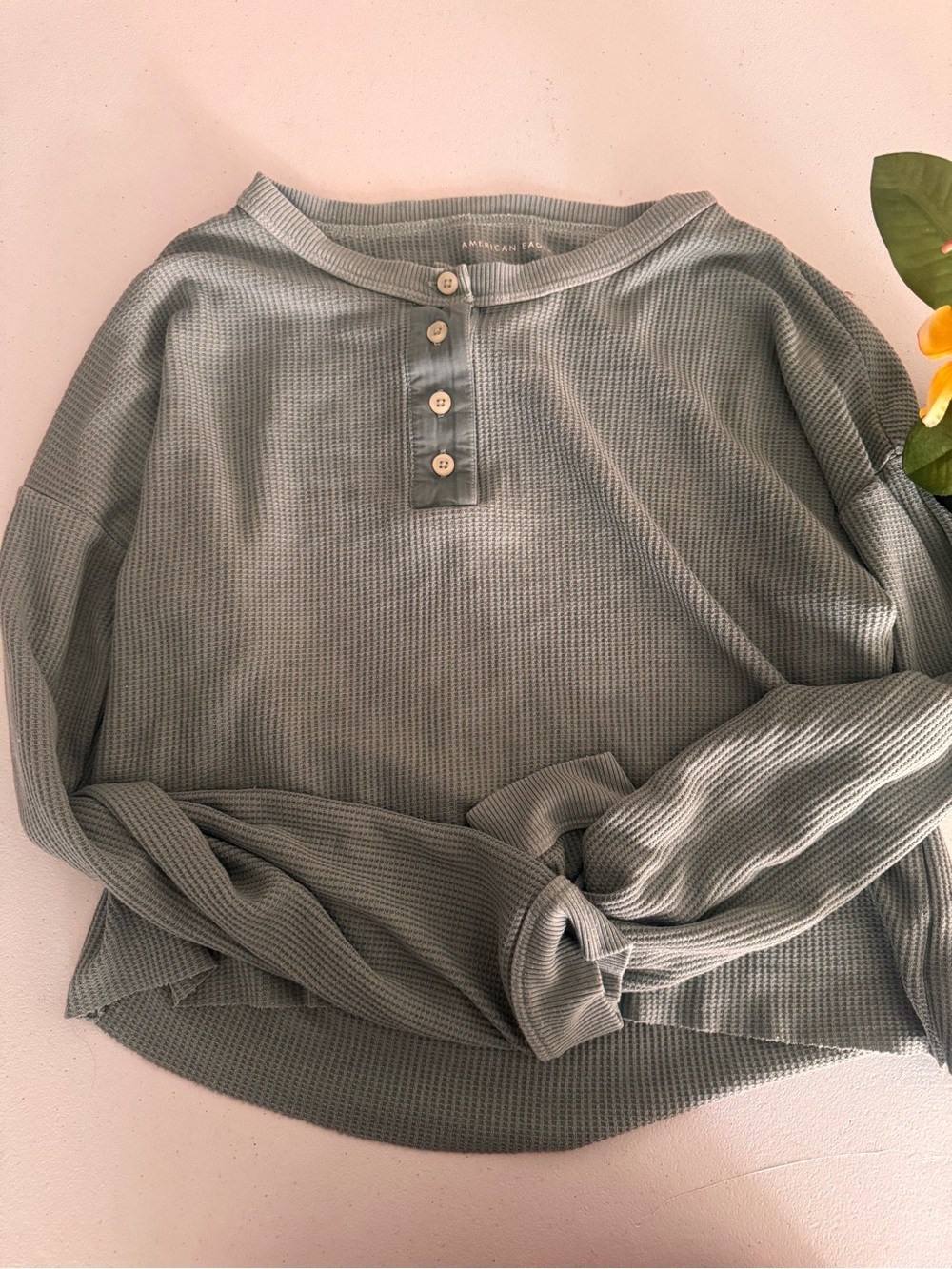 American Eagle Outfitters Sage Green Waffle Henley Scoop Neck Sweater